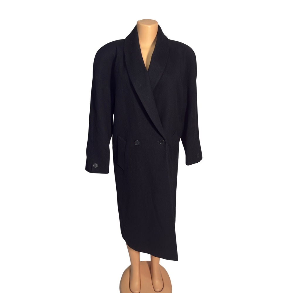 Jones New York Wool Coat Womens L Black Vintage Shawl Collar Long Jacket